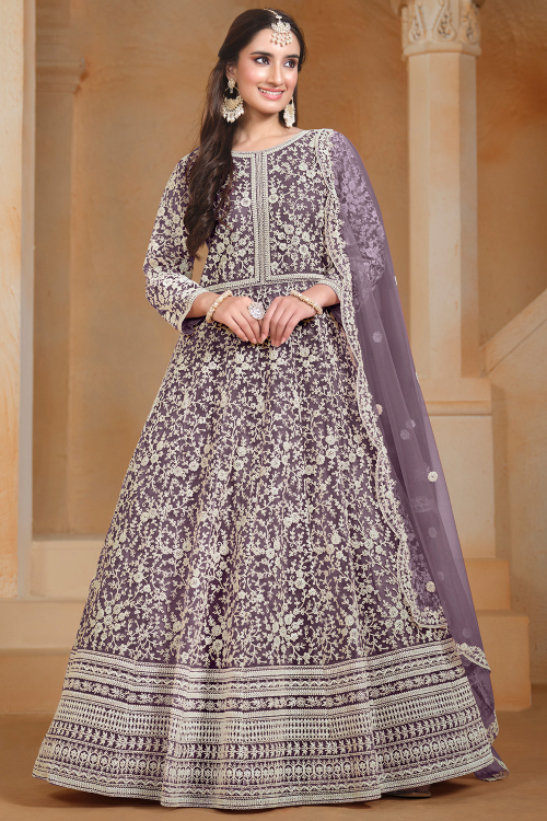 Mauve Taupe Net Dori embroidered Anarkali Suit