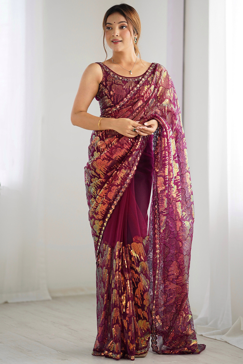 Mauve Taupe Net Embroidered Light Weight Saree 