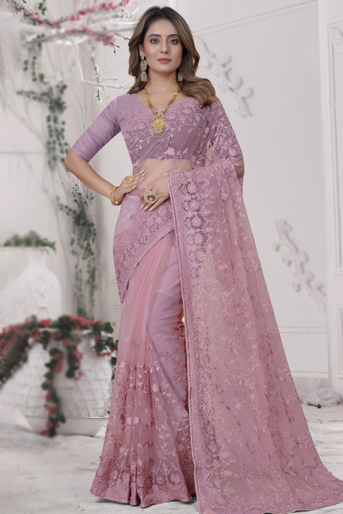 Mauve Taupe Net Embroidered Saree For Sangeet 