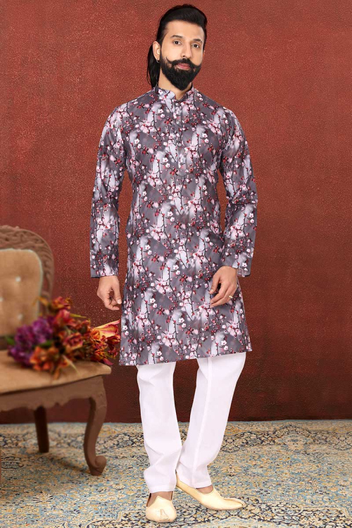 Mauve Taupe Printed Cotton Straight Cut Men Kurta Pajama
