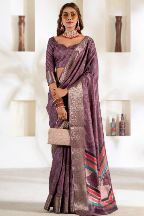 Mauve Taupe Printed Silk Lightweight Saree For Sangeet 
