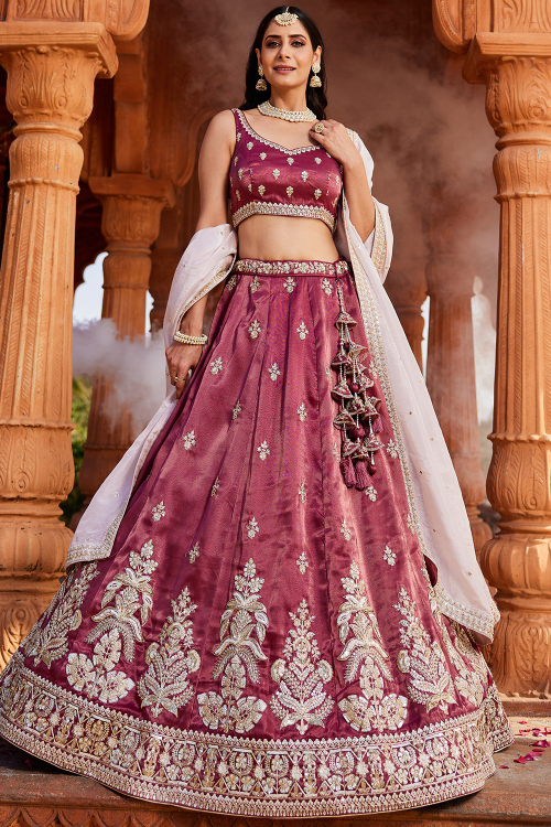 Mauve Taupe Silk Blend Embroidered Lehenga For Wedding