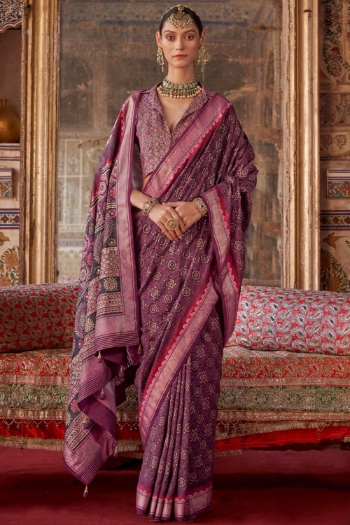 Mauve Taupe Silk Blend Printed Broad Border Saree 