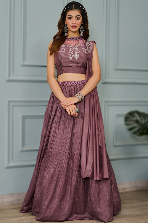 Mauve Taupe Silk Embroidered Flared Style Lehenga