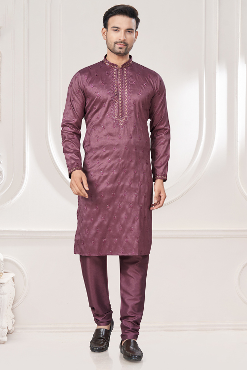 Mauve Taupe Silk Embroidered Straight Cut Kurta Pajama for Men