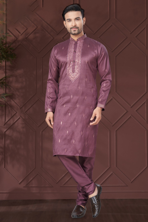 Mauve Taupe Silk Embroidered Straight Cut Men's Kurta Pajama 