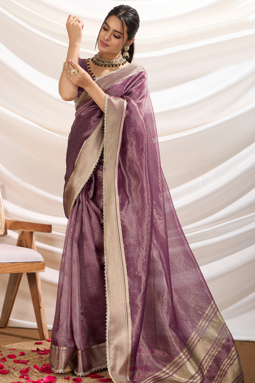 Mauve Taupe Tissue Saree with Woven Zari Work for Diwali 