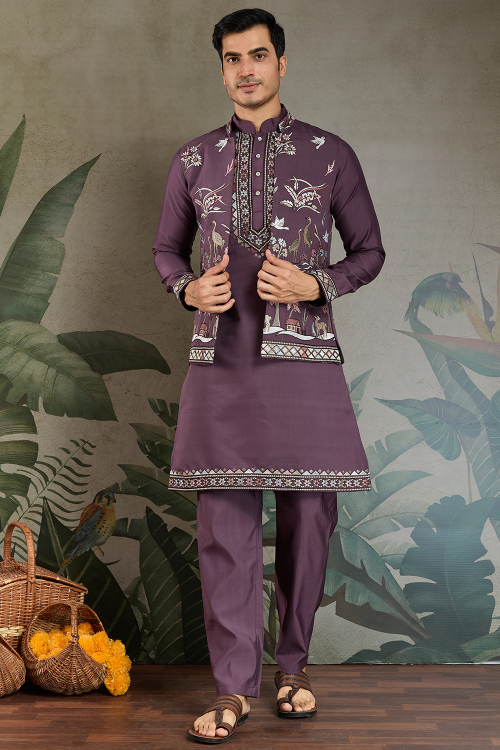 Mauve Taupe Viscose Silk Men's Kurta Pajama With Embroidered Jacket