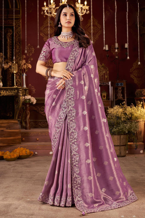 Mauve Tissue Silk Shimmer Saree With Zari Work For Festival
