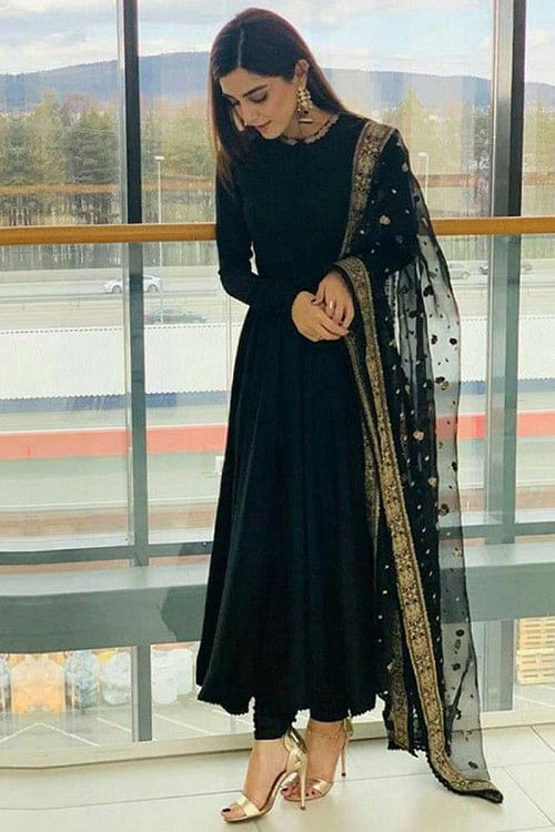 Maya Ali Black Georgette Eid Anarkali Suit With Zari Work