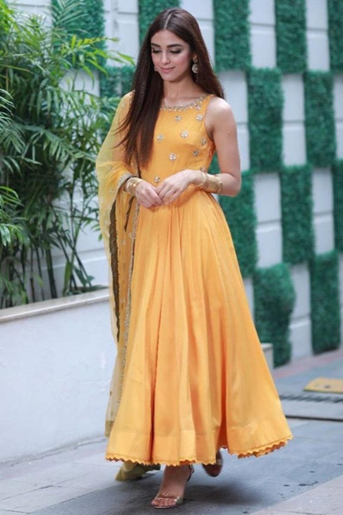 Maya Ali Silk Anarkali Suit for Wedding In Mustard Yellow Color