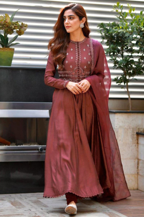 Maya Ali Silk Embroidered Eid Anarkali Suit In Wine Colour