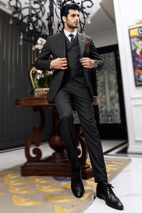 Cotton Silk Men's Black Plain Coat Pant