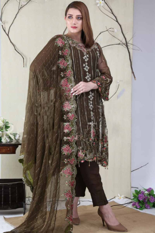 Mehandi Embroidered Straight Pant Suit