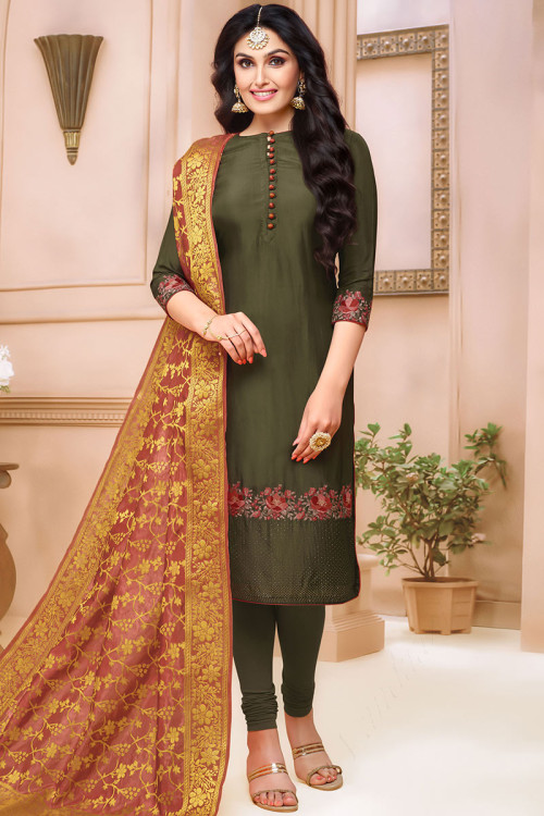 Mehndi Green Silk Churidar Suit With Resham Work