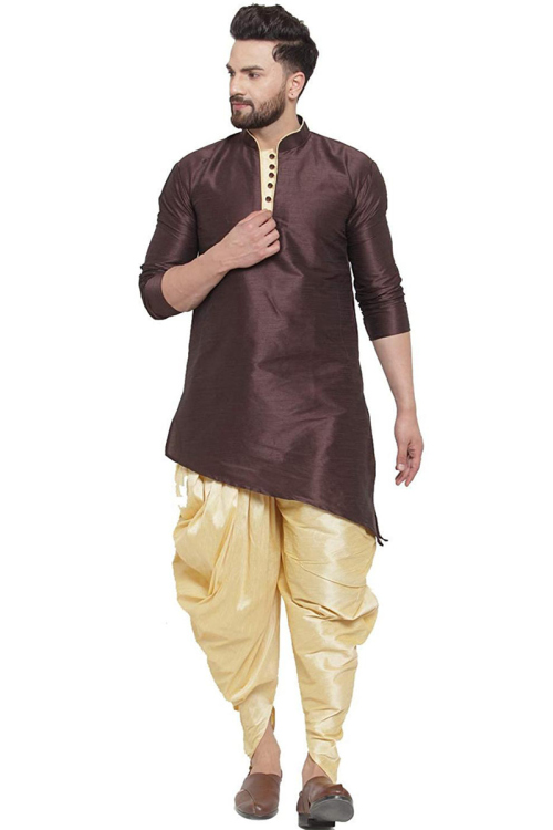 Men Brown And Beige Self Design Kurta With Dhoti