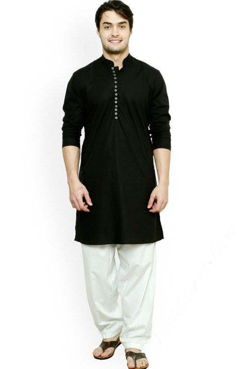 Men Cotton Black Plain Kurta With White Pajama