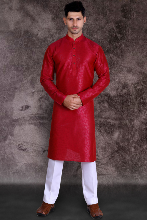 Men Wedding Special Plain Red Kurta With White Pajama