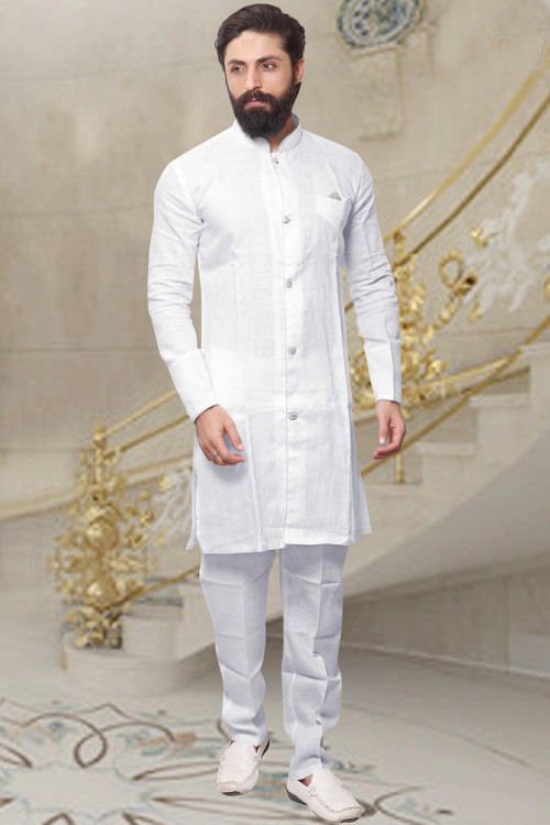 Men Pakistani White Self Design Kurta With Pajama For Eid