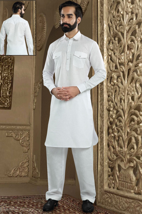 Men Pakistani White Self Design Kurta With Pajama For Eid