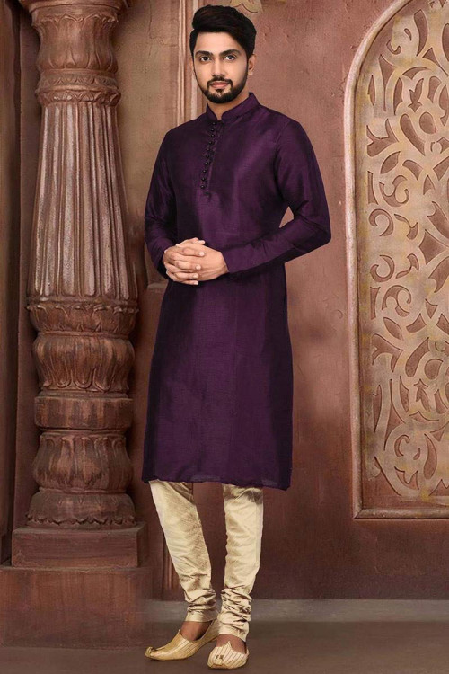 Men Pakistani Purple Self Design Kurta With Beige Pajama For Eid