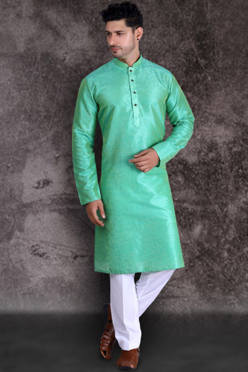 Men Plain Sea Green Kurta With White Pajama