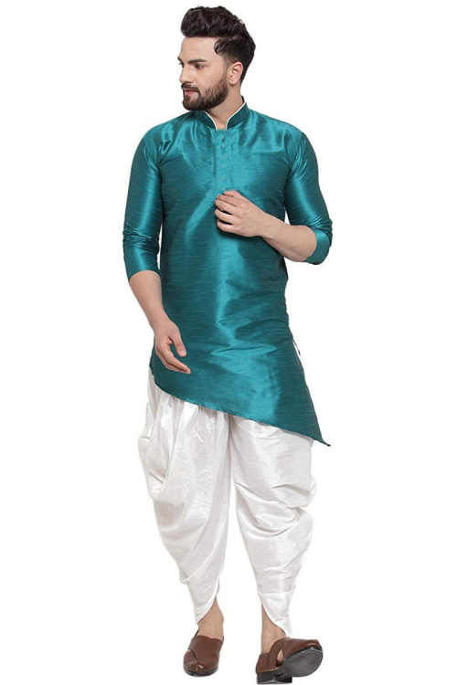 Men Teal Blue Asymmetrical Wedding Special Pakistani Kurta Dhoti