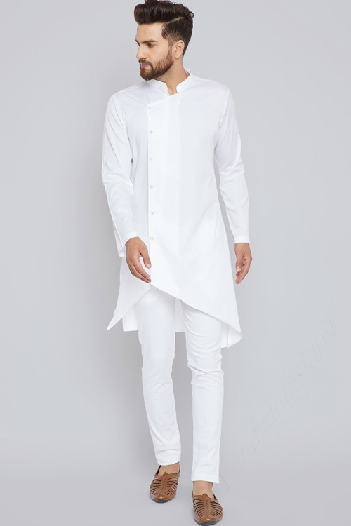 Men White Plain Kurta With White Pajama