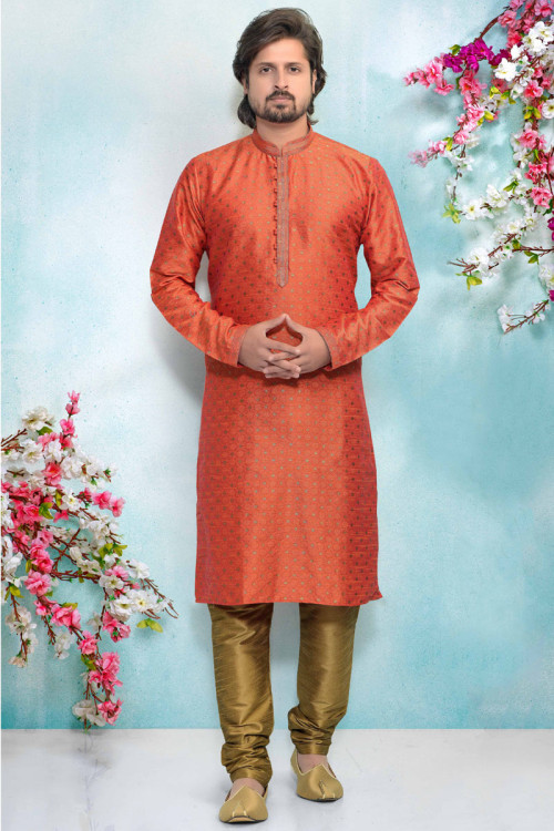 Men's Kurta In Orange With Churidar For Eid
