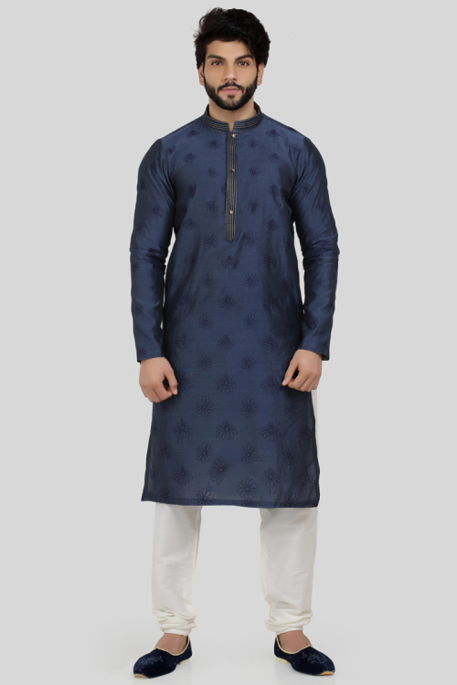 Mens Ethnic Blue Chanderi SIlk Kurta With Churidar for Wedding & Party