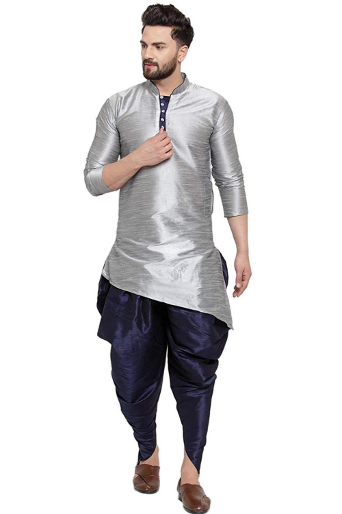 Mens Grey Assymetrical Kurta With Dhoti