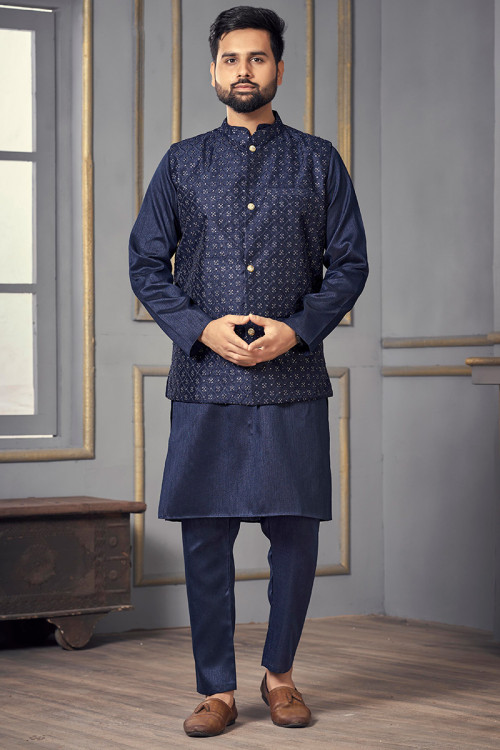 Men's Navy Blue Silk Kurta Pajama With Embroidered Waistcoat