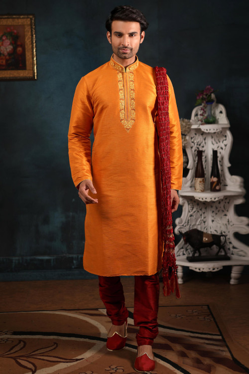 Men's Readymade Designer Orange Kurta With Churidar