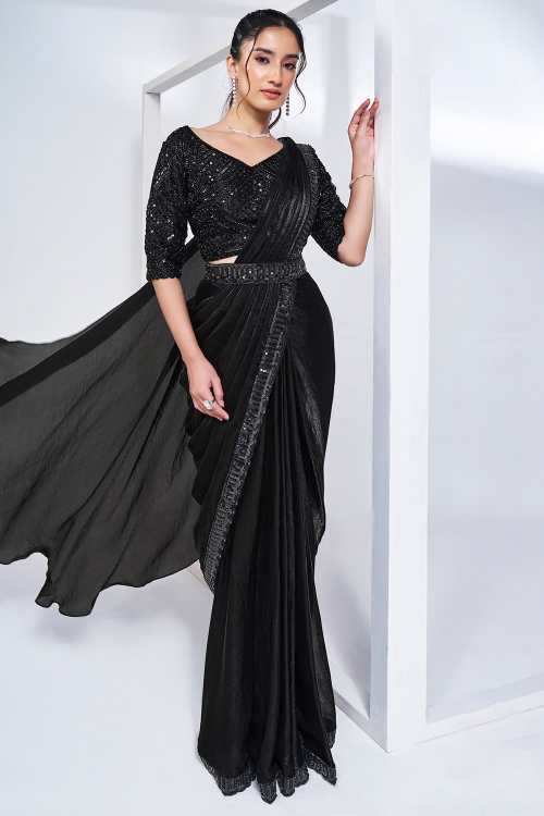 Metallic Organza Black Sequins Embroidered Ready Made Pre-Stitched Saree