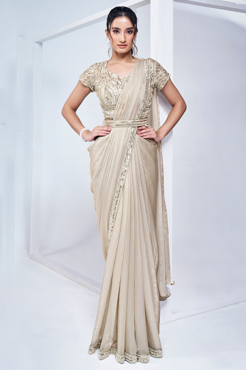 Metallic Organza Light Beige Embroidered Ready Made Pre-Stitched Saree