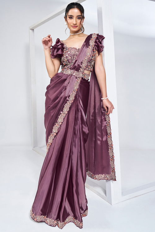 Metallic Organza Mauve Sequins Embroidered Ready Made Pre-Stitched Saree