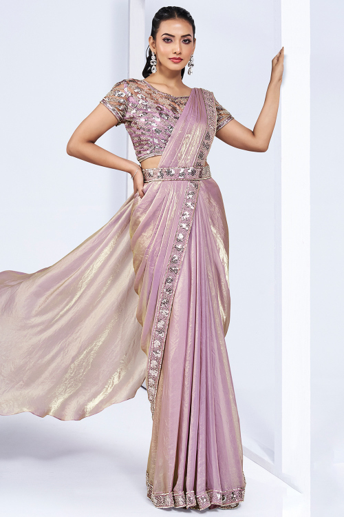 Metallic Organza Pastel Pink Embroidered Ready to Wear Festive Saree