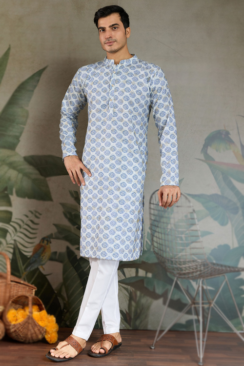 Mint Blue Cotton Men's Kurta Pajama With Printed Work