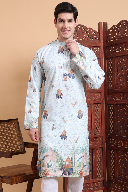 Mint Blue Cotton Men's Kurta With Printed Work For Festival 