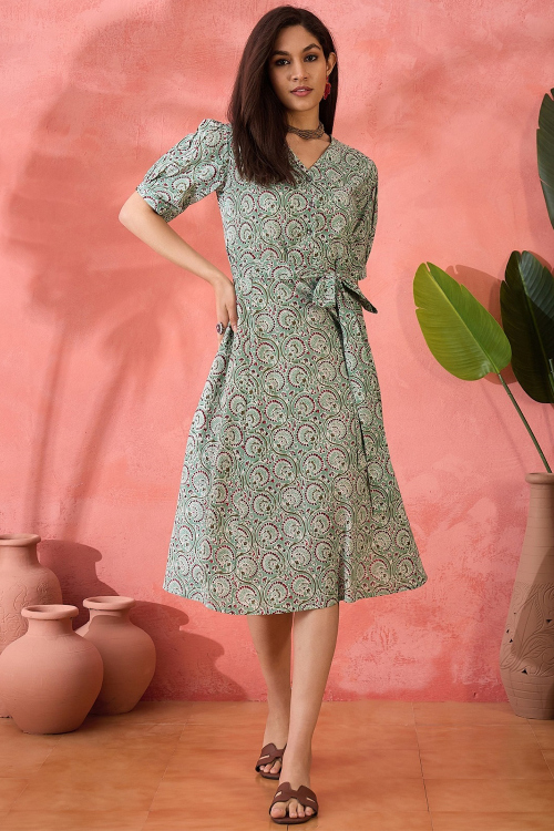 Mint Blue Cotton Printed Frock Style Kurti 