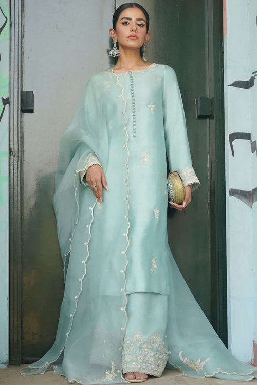 Mint Blue Cotton Silk Palazzo Suit with Mirror Work for Wedding & Party
