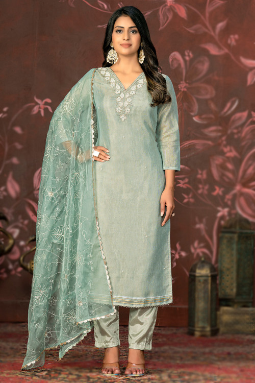 Mint Blue Embroidered Shimmer Cotton Trouser Suit