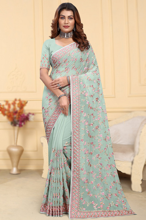 Mint Blue Georgette Embroidered Casual Wear Lightweight Saree