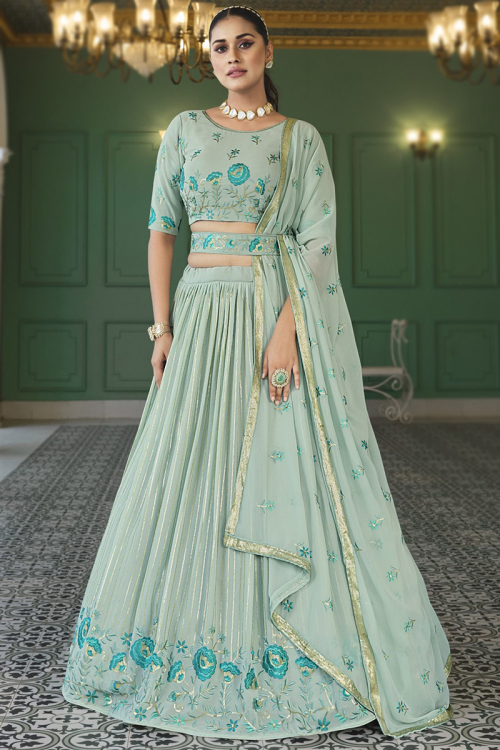 Mint Blue Georgette Floor Length Lehenga with Thread embroidery