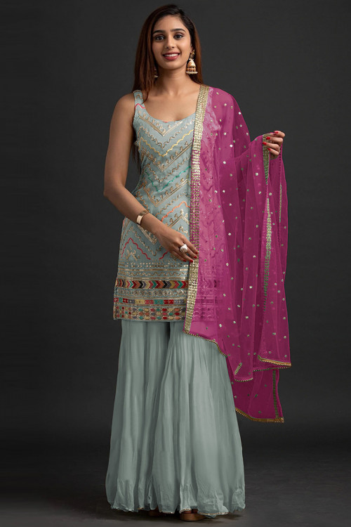 Mint Blue Georgette Embroidered Straight Cut Suit