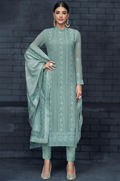 Dusty Green Georgette Embroidered Straight Cut Trouser Suit 