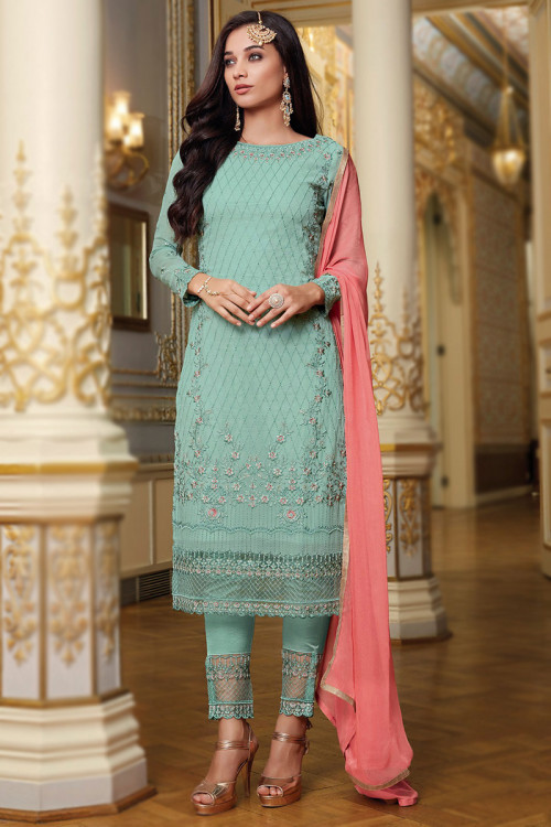 Mint Blue Georgette Embroidered Suit With Cigarette Pants