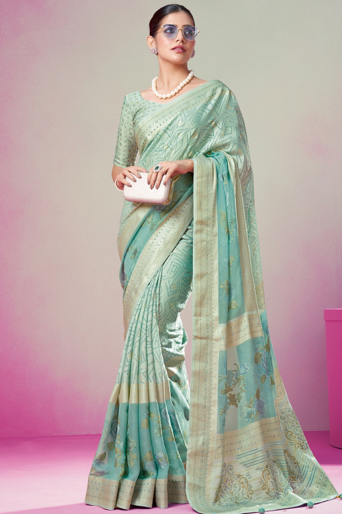 Mint Blue Georgette Printed Light Weight Saree