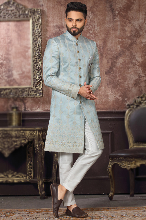 Mint Blue Jacquard Embroidered Men's Sherwani