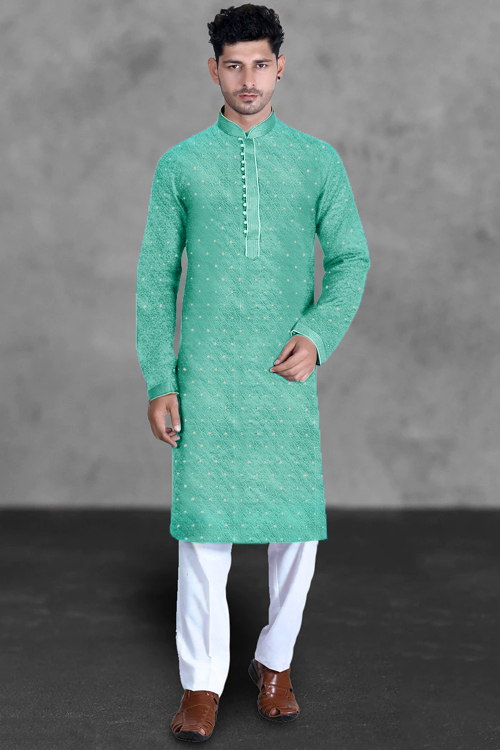 Mint Blue Jacquard Men&#039;s Kurta Pajama With Weaved Work For Festival